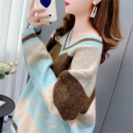 复古V领条纹毛衣女套头秋冬2022年新款韩版宽松慵懒风字母针织衫商品大图