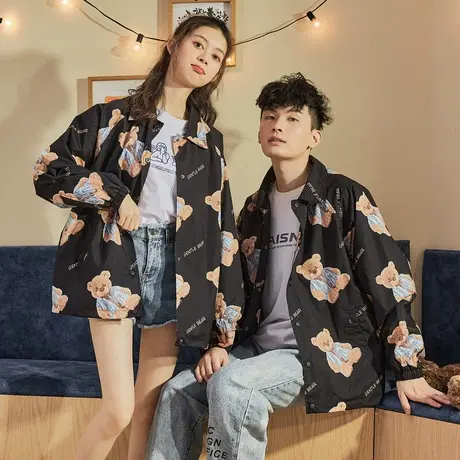 唐狮春季新款情侣外套小熊印花情侣装潮流休闲情侣夹克衬衫领商品大图