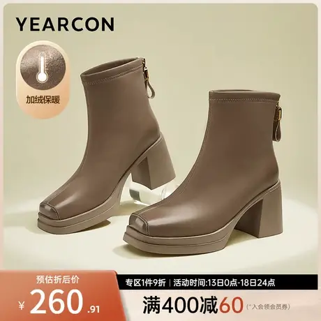 意尔康女鞋2023冬季加绒短筒皮靴复古短靴女士高跟踝靴方头防水台商品大图