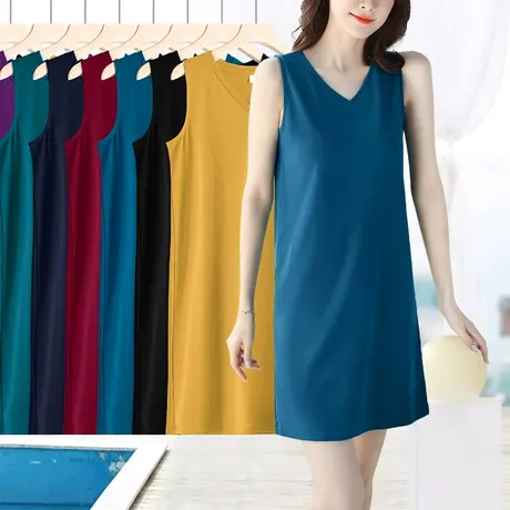 螺纹胖mm大码连衣裙显瘦v领无袖直筒背心中长款打底裙夏简约通勤商品大图