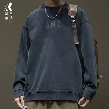 希越纯棉重磅男士卫衣宽松大码美式印花长袖2023秋冬款套头打底衫商品大图