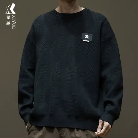 希越美式针织套头卫衣重磅男士秋冬季圆领长袖内搭打底衫宽松大码商品大图
