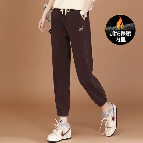 新品8.5折】松紧腰刺绣加绒束脚运动裤女休闲百搭卫裤图片