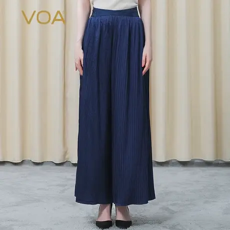 VOA真丝缎面蓝色微弹风琴褶木耳边插袋垂顺挺括休闲桑蚕丝阔腿裤商品大图