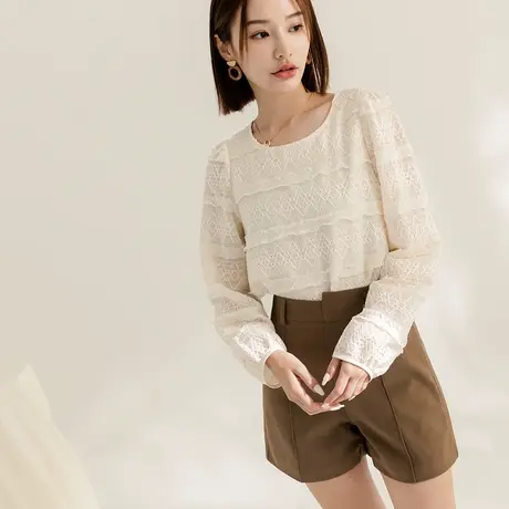 桔熊秋季气质洋气小衫肌理感圆领泡泡袖上衣女胖妹妹大码AB18970图片