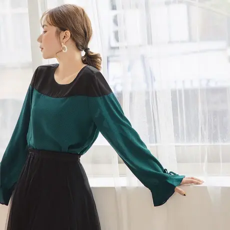 桔熊春秋季舒适纯色拼接点点雪纺衫喇叭上衣女士大码AB13714商品大图