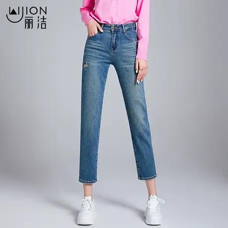丽洁女裤牛仔烟管裤女2023年春秋新款高腰修身直筒九分休闲直筒裤商品大图