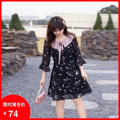 2023年夏季新款百褶领减龄雪纺碎花气质显瘦遮肚子胖MM连衣裙大码商品大图