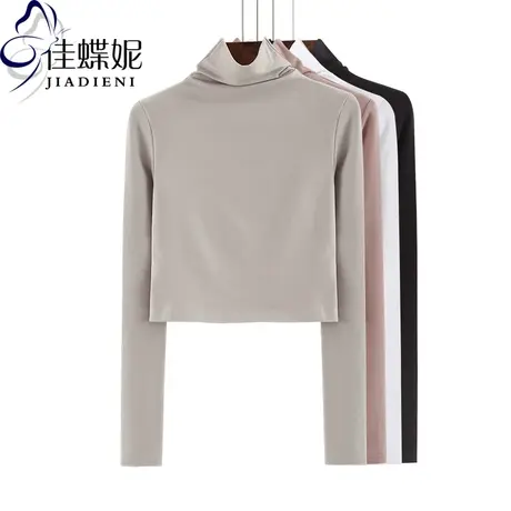 春秋新款韩版高领纯棉修身短款长袖体恤内搭打底衫上衣女装纯色T商品大图