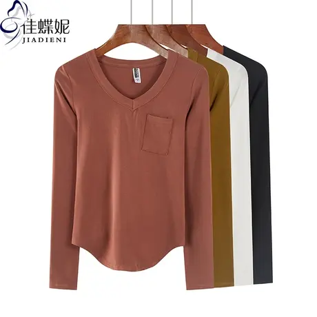 秋季新款韩版V领修身纯棉口袋燕尾摆纯色长袖体恤上衣内搭女装图片
