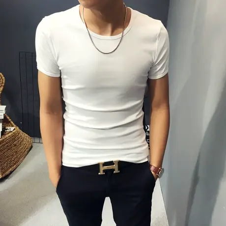 2023秋冬季新款潮男加绒时尚韩版修身短袖T恤半袖纯色时尚打底衫图片