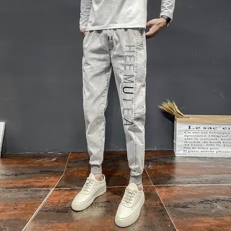 夏季男士休闲裤哈伦裤九分裤刺绣裤子工装潮牌潮流束脚运动小脚商品大图