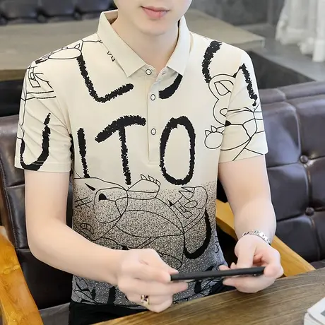 纯棉Polo衫男士潮流条纹时尚休闲翻V领短袖T恤男夏季半袖打底衫帅商品大图