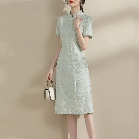 水墨青华夏季新品时尚立领显瘦旗袍a型裙优雅百搭提花连衣裙图片