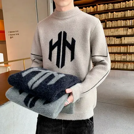 冬季潮牌韩版水貂绒毛衣男士半高领打底衫加厚学生保暖马海毛线衣商品大图