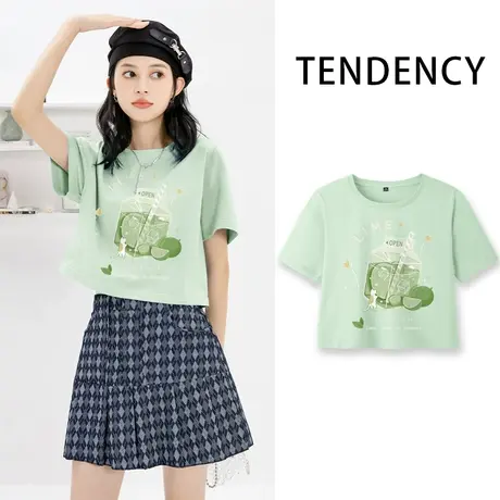 ZR真维斯水绿色短款t恤女新款夏季短袖别致好看圆领t恤短上衣纯棉商品大图