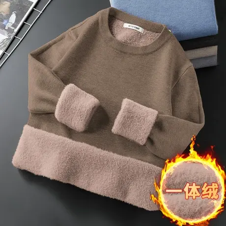 圆领毛衣男秋冬季加绒加厚保暖一体绒内搭纯色打底衫毛线衣针织衫商品大图