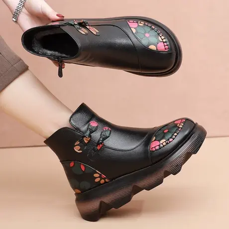 民族风新款2023大码女短靴41一43中跟妈妈软底软皮冬季加绒厚棉靴商品大图