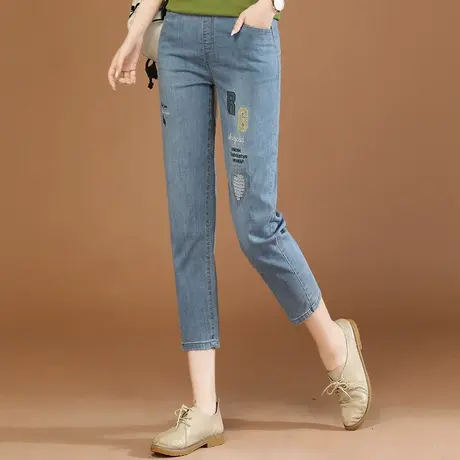韩潮袭人松紧腰休闲刺绣七分牛仔裤女2023夏季新款显瘦百搭哈伦裤商品大图