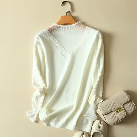 春装2024年新款蕾丝拼接半高领女士内搭针织修身洋气打底衫毛衣女商品大图