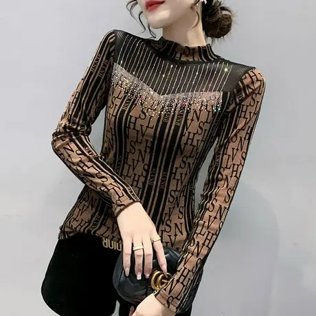 加绒打底衫女秋冬欧货时尚网纱长袖上衣性感镂空小衫紧身内搭上衣图片