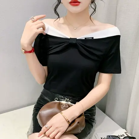 性感露肩短袖T恤女洋气百搭一字领小衫设计感小众蝴蝶结上衣夏装图片