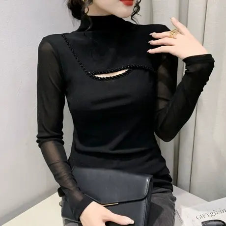 欧货复古烫钻T恤女长袖性感镂空高领上衣洋气修身网纱透气打底衫商品大图