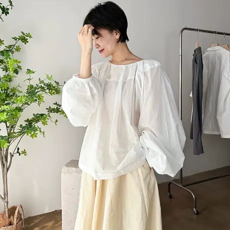 灯笼袖白色衬衫女纯棉2023新款宽松黑色衬衣法式小众长袖微透上衣商品大图