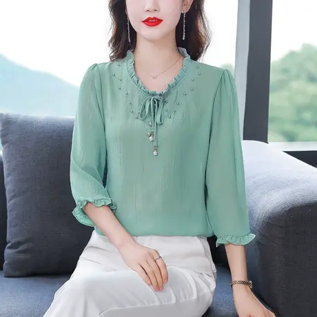 中袖雪纺衬衫女2023年夏季新款漂亮时尚女士上衣显瘦遮肚子小衫女图片