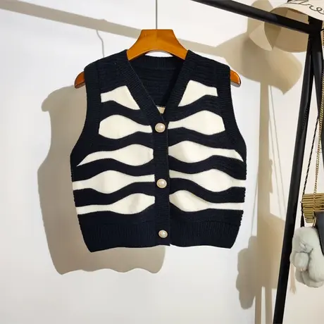 条纹针织马甲开衫女2023新款秋冬气质百搭短款小个子毛衣背心坎肩图片