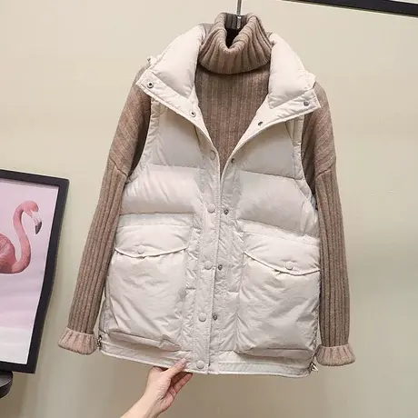 棉马甲女立领抽绳时尚大口袋短款显瘦百搭棉背心小个子宽松坎肩潮商品大图