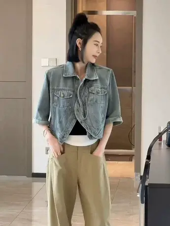 牛仔外套女短款欧洲站2023年夏季新款复古设计感小众炸街夹克上衣商品大图