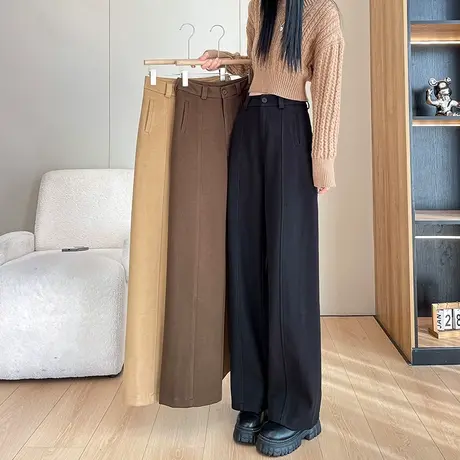 窄版阔腿裤女秋冬2023新款高腰宽松直筒西装裤加绒加厚保暖毛呢裤商品大图
