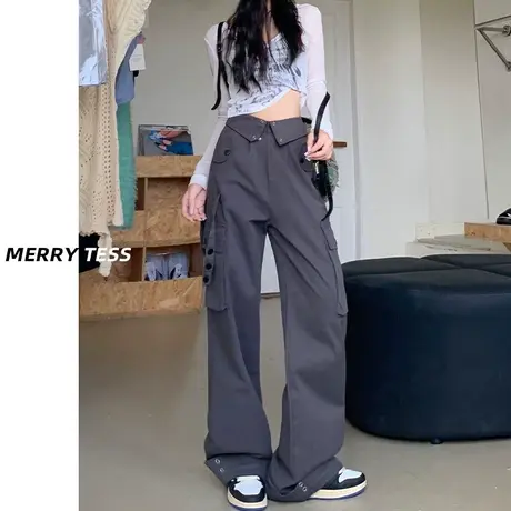 灰色阔腿休闲工装裤女2023年秋季新款设计感翻边抽绳百搭直筒裤子图片