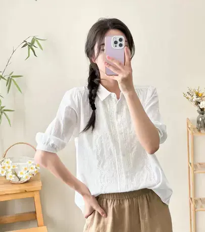 夏装韩版文艺蕾丝花边翻领五分袖纯棉白色衬衫女学生宽松中袖上衣商品大图