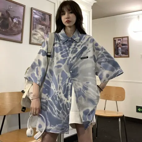 日系复古polo衬衫女夏季宽松韩版设计感小众法式别致短袖方领上衣商品大图