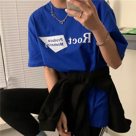 港风2023新款韩版百搭宽松克莱茵蓝bf慵懒风纯棉圆领短袖T恤女ins图片