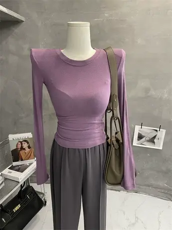 自留多色~chao好穿薄款垫肩上衣紧身微透长袖T恤女打底衫显瘦内搭图片