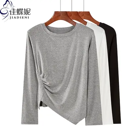 秋季新款韩版圆领宽松纯棉休闲不规则褶皱长袖体恤上衣外穿纯色女商品大图