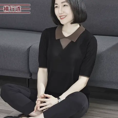 2024夏季新款韩版休闲翻领撞色宽松针织短袖外穿女上衣大码妈妈装商品大图