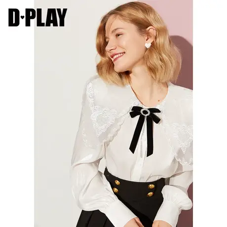 DPLAY夏新款学院风定制蝴蝶结白色衬衫双层重工蕾丝领上衣商品大图