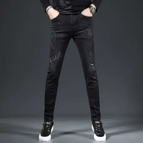 黑色刺绣牛仔裤男修身小脚裤男2023新款潮牌弹力男款裤子男春秋款商品大图