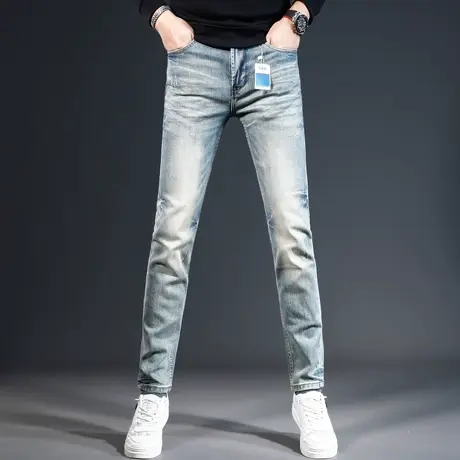 浅色高端牛仔裤男2023秋冬新款复古男士修身小脚弹力百搭休闲长裤商品大图