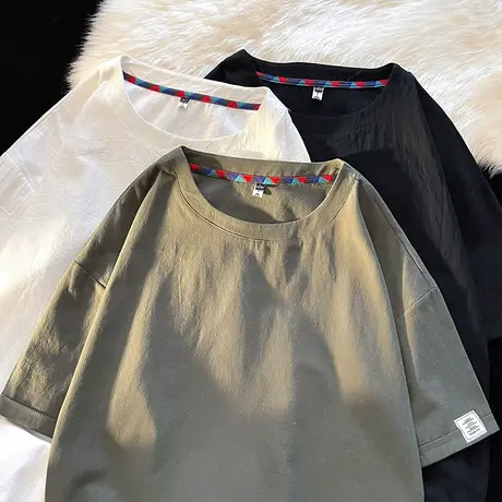 棉麻短袖t恤男士夏季宽松半袖大码亚麻体恤纯色透气圆领薄款上衣商品大图