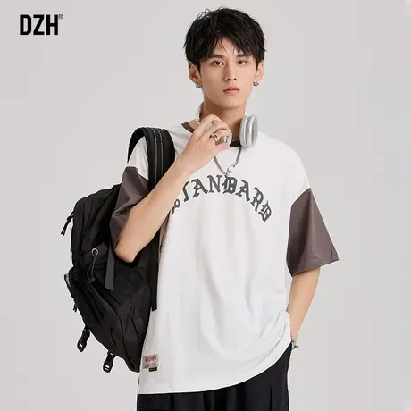 男士纯棉衣服男短袖夏季男款潮牌潮流印花拼接美式圆领半袖白t恤商品大图