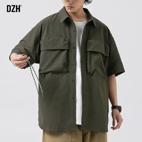 男士免烫工装衬衫男高级感军绿色短袖潮牌男装2023新款休闲衬衣男商品大图