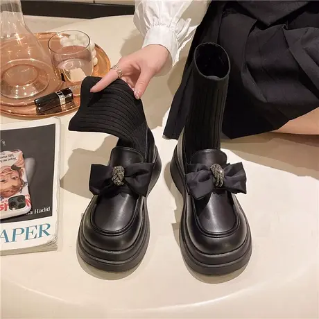 英伦风瘦瘦袜靴子女秋季针织弹力厚底黑色小皮鞋蝴蝶结乐福鞋短靴商品大图