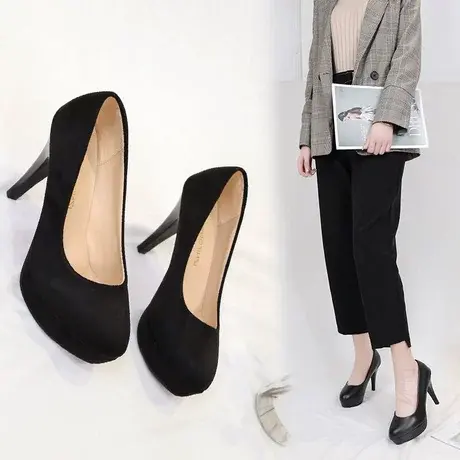 职业工作女鞋细跟防水台黑色春季通勤单鞋久站不累脚尖头高跟鞋面图片