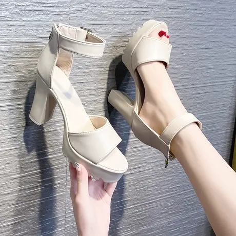 凉鞋2023年新款女夏季粗跟防水台鱼嘴时尚网红一字扣高跟鞋ins潮商品大图