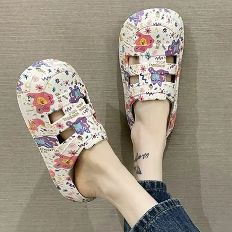 可爱卡通包头洞洞鞋女夏季2024年新款涂鸦厚底外穿沙滩防滑凉拖鞋商品大图